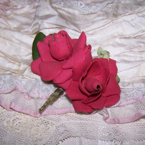 Corsage Spray of Fabric Flowers - Red Roses  and Bud | Millinery Hat Decoration - Picture 2 of 5